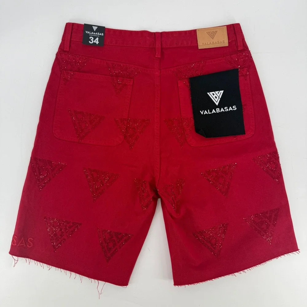 NWT Valabasas Palace Red Rhinestone Logo Denim Shorts Mens 34 Streetwear